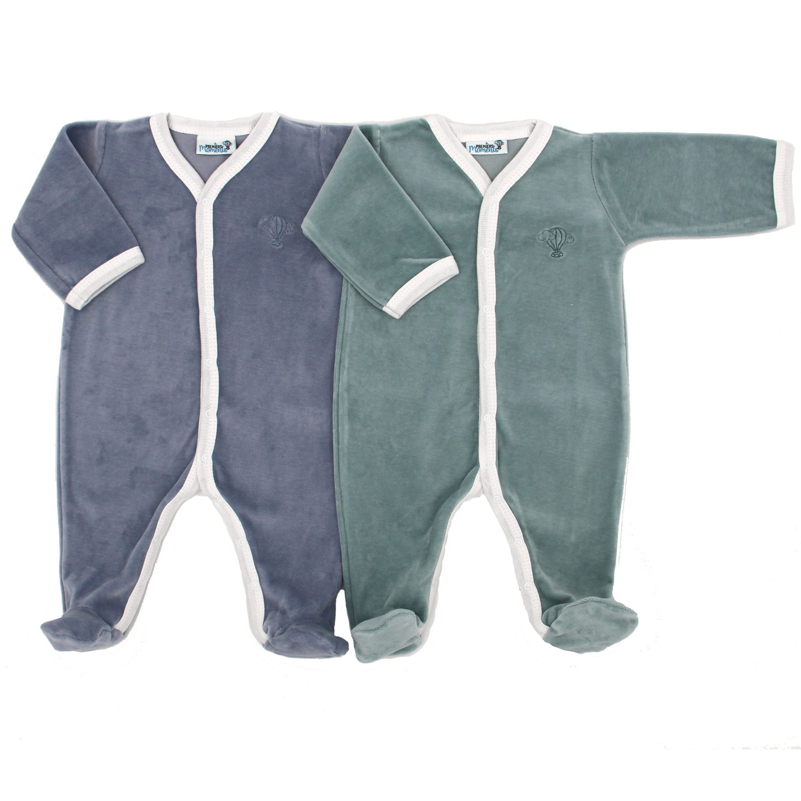 Lot de 2 pyjamas velours 100 % coton biologique - 1 à 6 mois